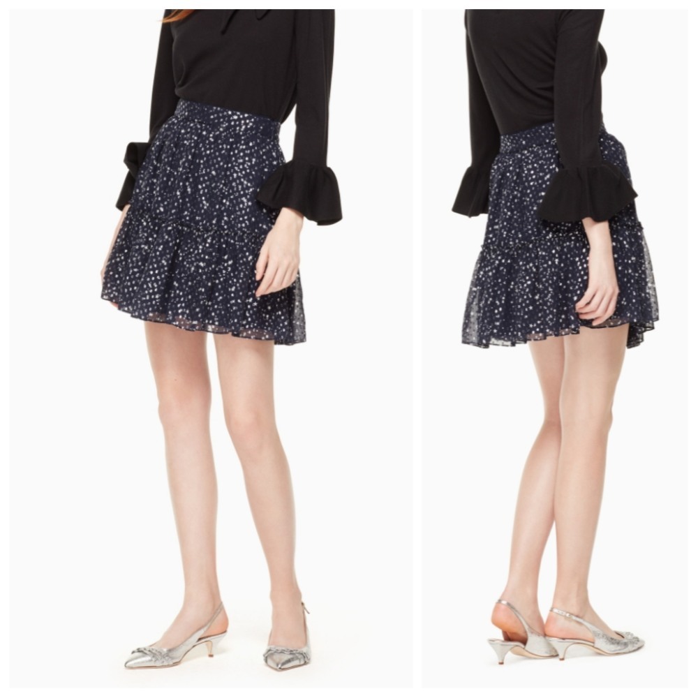 NWT Kate Spade Navy Blue Night Dot Silk Mini Skirt Size 4 Bottom Flounce Ruffle